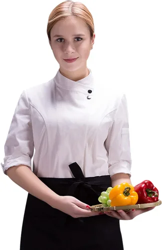 Vista 3 de Uniforme de chef clásico de manga 34 para mujer, chaqueta de chef de verano para hotel, cocina, restaurante