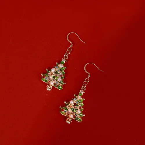 Vista 4 de Elegantes aretes de Navidad esmaltados, aretes de gancho de árbol de Navidad verdes para mujer, aretes colgantes brillantes y coloridos