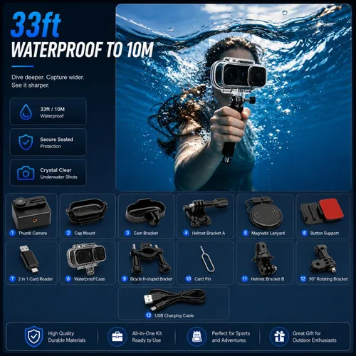 Vista 3 de Mini cámara corporal portátil 4K – Cámara de acción magnética tamaño pulgar de 64 GB, estabilización de 6 ejes, grabación de audio/video, POV manos