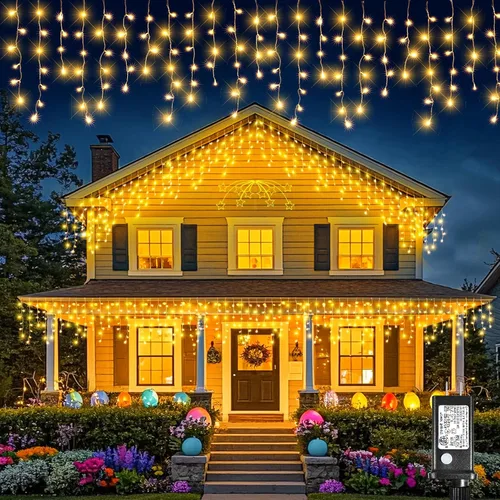 Vista 10 de Luces de carámbano para exteriores, 16.5 pies, 200 luces LED de Navidad para exteriores, impermeables, 8 modos de enchufe, cortina de luz conectable