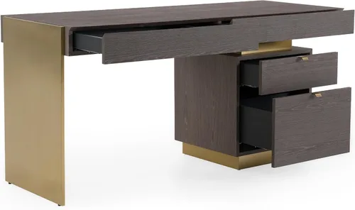 Vista 5 de Limari Home Trajory Collection - Escritorio moderno con acabado de chapa de olmo para oficina en casa con 4 cajones de cierre suave, gris, dorado