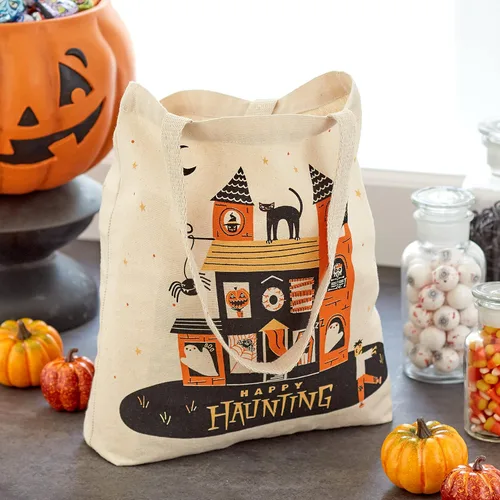 Vista 2 de Hallmark 13" Large Halloween Tote Bag (Haunted House) Reusable Canvas Bag for Trick or Treating, Grocery Shopping and More
