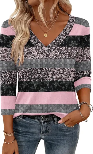 Vista 21 de Zeagoo Camisetas de manga 3/4 para mujer, cuello en V, blusa casual elegante, camisetas básicas 2026, ropa de moda S-2XL