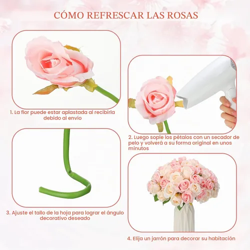 Vista 5 de Jexine - 120 rosas artificiales de seda a granel, color rosa y blanco