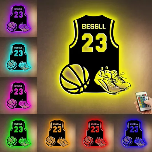 Vista 25 de Letrero de metal de jersey deportivo personalizado con luz LED, nombre y número personalizado, letrero de neón con nombre personalizado, decoración