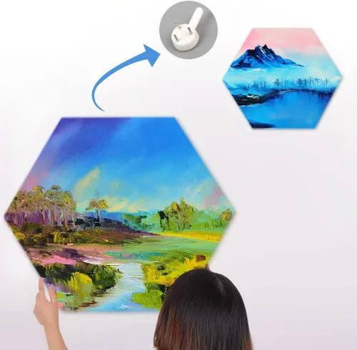 Vista 5 de yazi Tableros de lienzo hexagonales para pintar, 5 paquetes de tablas estiradas de 12 pulgadas, pintura acrílica, tableros de decoración tallados