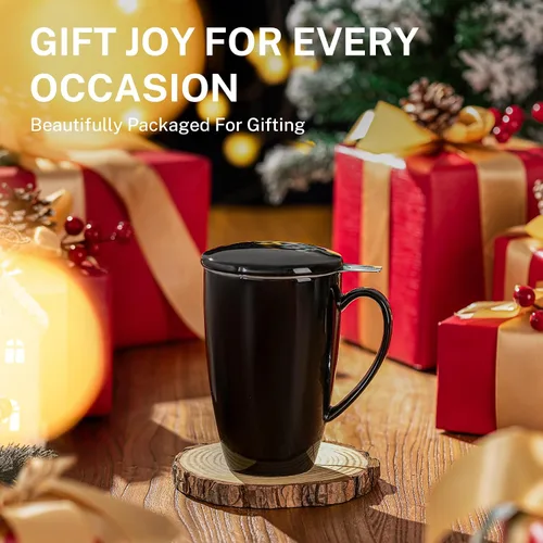 Vista 6 de Sweese Taza de té de porcelana de 15 onzas con infusor y tapa, taza de té de hojas sueltas, regalos para amantes del té, color negro