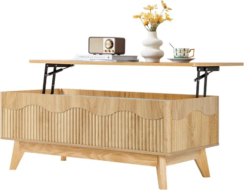 Vista 9 de BERRYMERRY Mesa de centro elevable con almacenamiento oculto, mesa de centro acanalada de granja con perfil ondulado, mesa central rectangular Roble