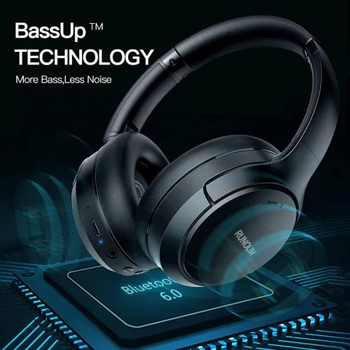 Vista 6 de RUNOLIM - Audífonos híbridos con cancelación activa de ruido, inalámbricos con Bluetooth, con micrófono, 70 horas de reproducción, plegables