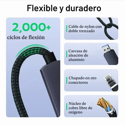 Vista 5 de Mcbazel Cable USB a Ethernet de 6.6 pies, USB 3.0 A a RJ45 macho de nailon, red LAN Gigabit conectada directamente, compatible con laptop, PC