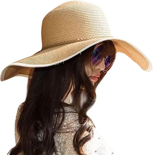 Vista 10 de Lanzom - Sombrero de paja con ala ancha para mujer, plegable, enrollable, de playa, con protección solar UPF 50+ Beige
