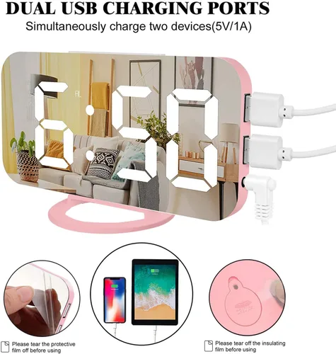 Vista 5 de Lamisola Despertador digital rosa para niñas, gran reloj de escritorio con espejo LED, 2 puertos de carga USB, relojes estéticos y elegantes