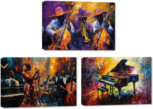 Vista 7 de AWPANERAR Arte de pared de música negra, 3 paneles, impresiones en lienzo afroamericano, arte vintage de jazz, instrumentos musicales, imágenes