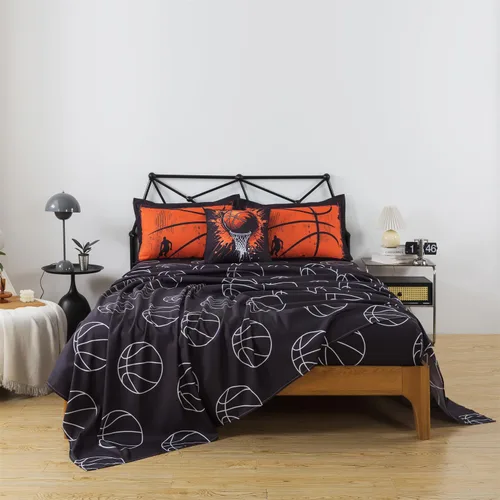 Vista 4 de Juego de edredón de 6 piezas con diseño de baloncesto, ropa de cama negra tamaño individual para niños, adolescentes y adultos, con pelotas