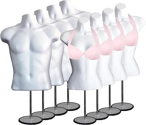 Vista 25 de Maniquí de torso masculino y femenino con soporte de metal, cuerpo con respaldo hueco, apilable, forma de vestido para exhibición de camisetas Negro
