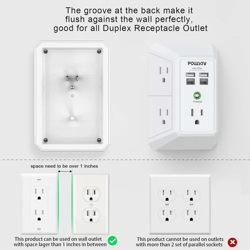 Vista 4 de Regleta de alimentación de 5 tomas con 4 puertos USB, protector de sobretensiones para el hogar, oficina, escuela, certificación ETL