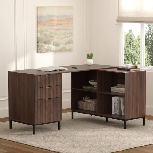 Vista 9 de Escritorio ejecutivo de 47 pulgadas con cajón de archivos, escritorio de computadora de granja con estación de carga y compartimento