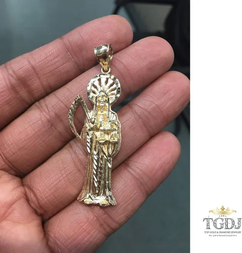 Vista 3 de Colgante religioso de Santa Muerte de oro amarillo de 14 quilates, más