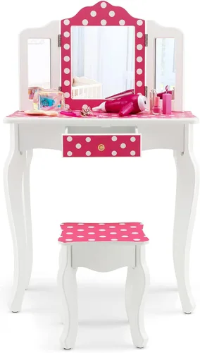 Vista 11 de HONEY JOY Juego de tocador para niños, mesa de maquillaje de madera estilo princesa con taburete y cajón, espejo de triple plegado, parte superior
