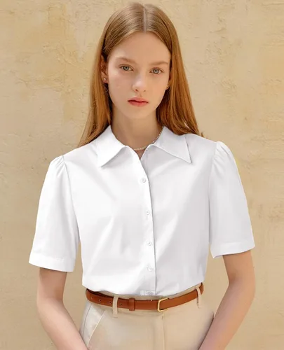 Vista 4 de Gleeivy Camisas de botones para mujer de manga corta abombada, camisas de vestir abotonadas con cuello ajustado, blusa superior de trabajo
