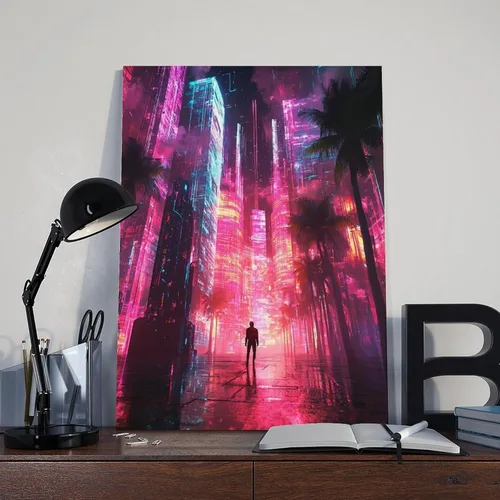 Vista 8 de XAHOR Póster estético Vaporwave - Impresión artística retro Cyberpunk con ciudad neón y palmeras, lienzo decorativo y arte de pared, póster moderno
