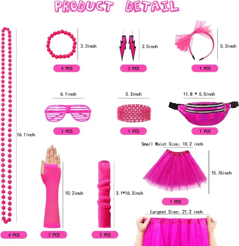 Vista 2 de WILDPARTY Accesorios de disfraz de los años 80 para mujer, 19 piezas, vestido retro de fiesta de los años 80, guantes de red, calentadores