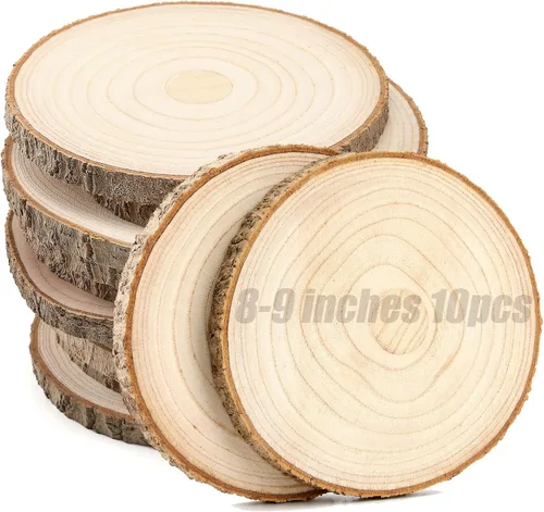 Vista 10 de 10 piezas de rodajas de madera para centros de mesa de 5.5-6.5 pulgadas, círculos de madera para decoración de mesas, círculos de madera rústica