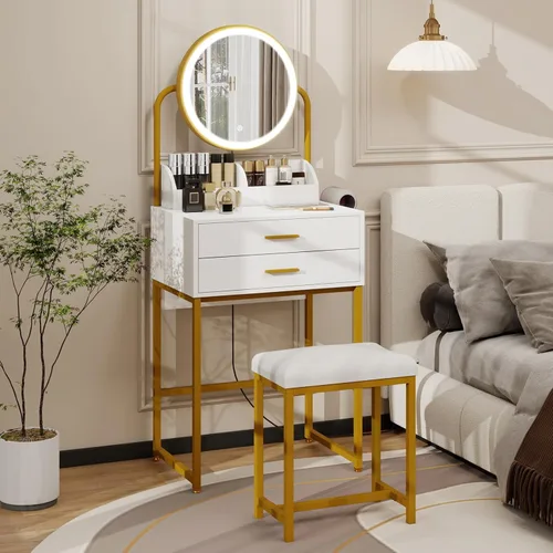 Vista 7 de ARTETHYS Escritorio pequeño con espejo y luces, tocador de maquillaje compacto blanco con silla, moderno tocador que ahorra espacio con cajón