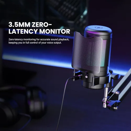 Vista 13 de Kit de micrófono USB para juegos, micrófono de condensador RGB con silencio, ganancia, soporte de brazo ajustable para monitoreo, filtro pop