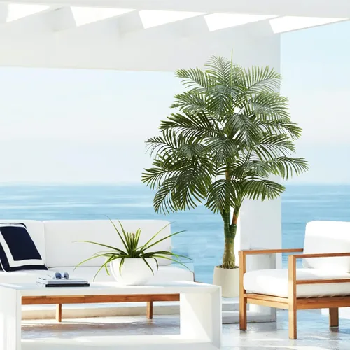 Vista 2 de Palmera artificial de caña dorada de 6 pies, plantas artificiales Planta de palma de seda sintética en maceta blanca, árboles artificiales altos