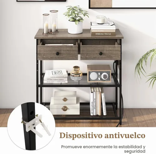 Vista 6 de GIANTEX - Mesa consola industrial con tomacorrientes, mesa de entrada estrecha de 3 niveles Long Sofa Table w/ USB Ports, 2 Storage Drawers, Entry