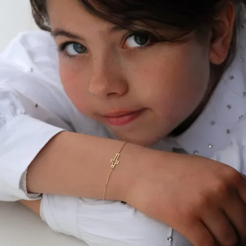 Vista 4 de Pulsera de cruz de oro macizo de 14 quilates para mujeres, adolescentes, bebés, pulsera de cruz ajustable de oro real Pulsera chapada en oro