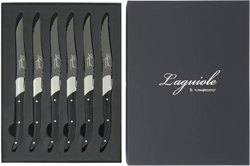 Vista 6 de TopKnife Laguiole - Juego de cuchillos para carne, titanio gris, mango de resina negra, juego de 2
