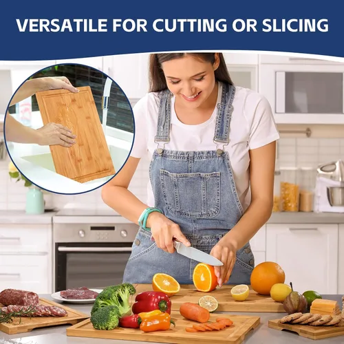 Vista 7 de Hiware Tabla de cortar de bambú de 3 piezas para cocina, tabla de cortar de bambú resistente con ranura para jugo, juego de tablas de cortar