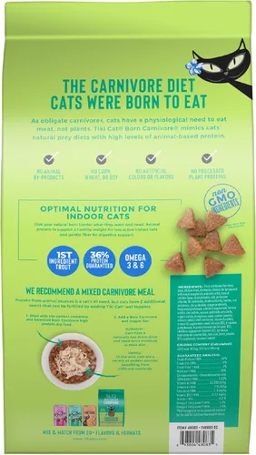 Vista 2 de Tiki Cat Born Carnivore Alimento seco para gatos, trucha y pescado Menhaden, bolsa de 6 libras Crunchy Kibble Texture for Indoor Cats, Real Animal