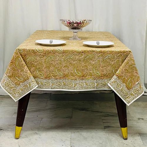 Vista 407 de Ridhi Mantel cuadrado con estampado de bloques de mano de caléndula ámbar