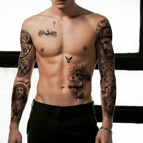Vista 8 de Yazhiji 48 hojas de tatuajes temporales cristianos de brazo completo para adultos, tatuajes falsos de medio brazo religiosos de Jesús Cristo, cruz