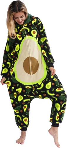 Vista 4 de vavalad Pijama de aguacate para adultos, disfraz de fruta, pijama de una pieza, overol de cosplay para mujeres y hombres