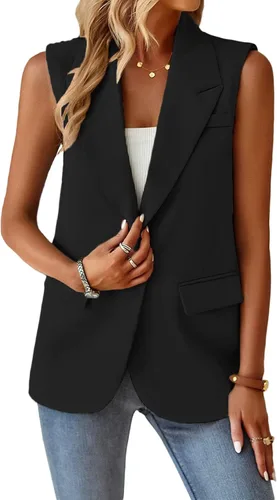 Vista 3 de Mina self Chaqueta sin mangas para mujer, casual, ligera, color sólido, chaleco abierto al frente, cárdigan con solapa y bolsillos