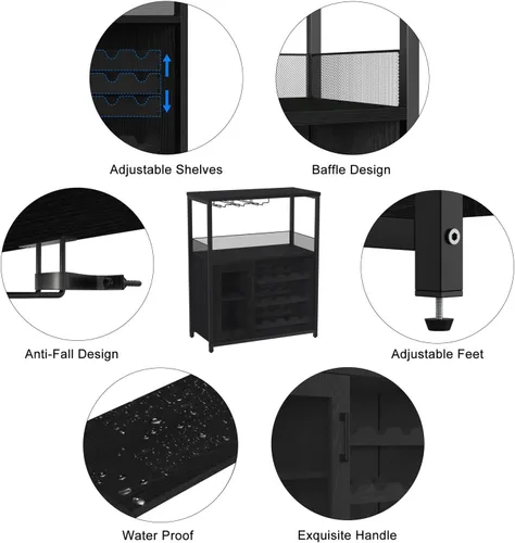 Vista 8 de IDEALHOUSE Armario de bar de vinos de 3 niveles con estante y cajón desmontable para vinos, aparador industrial y gabinete de buffet con soporte