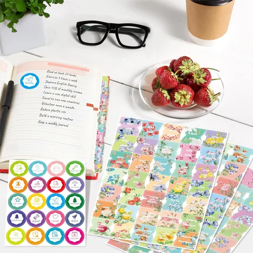 Vista 7 de 105 PIEZAS Etiqueta de Calendario Mensual Laminada - 48 Meses, 22 Temas, 35 en Blanco, 80 Pegatinas de Planificación con Guía de Alineación