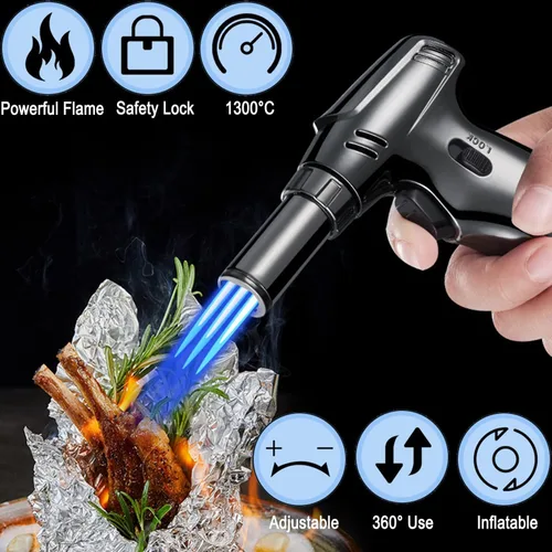 Vista 3 de Linterna de butano Three Flames, soplete recargable de cocina con bloqueo de seguridad, antorcha de llama para creme brulee barbacoa, hornear, gas
