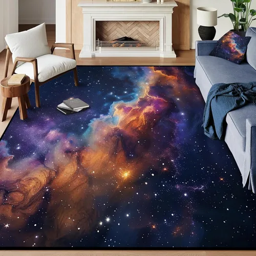 Vista 21 de Alfombra galaxia de 2 x 3 pies para habitación de niños, alfombra de cielo estrellado de pelo bajo, antideslizante, lavable, alfombra nebulosa
