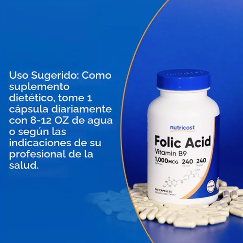 Vista 7 de Nutricost ácido fólico (Vitamina B9) 1000 mcg, 240 Cápsulas, 1 botella, 1