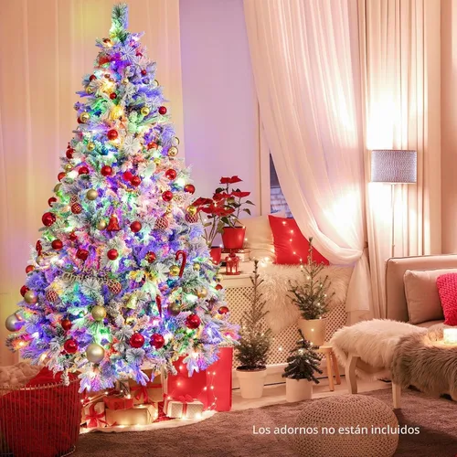 Vista 3 de HAPPYGRILL - Árbol de Navidad artificial preiluminado de 2.1 m, árbol de Navidad con nieve flocada y 320 luces LED multicolor, 8 modos de Snow Pe
