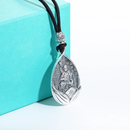 Vista 4 de AnuClub Collar con colgante de escultura de Buda Guanyin de plata de ley S999, amuleto de la suerte, joyería de San Patrono del zodiaco chino