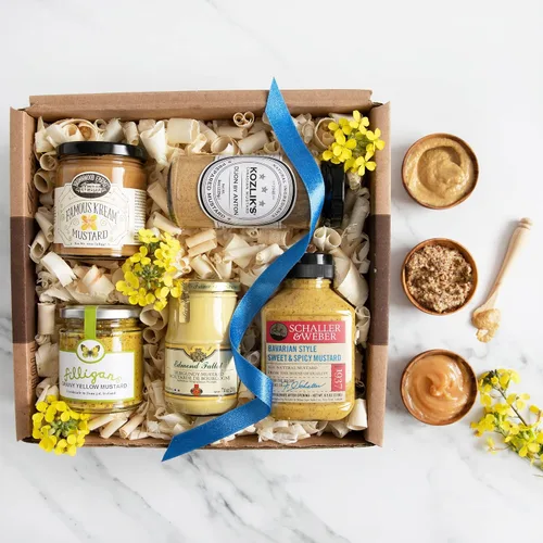 Vista 3 de igourmet Caja de regalo de mostazas del mundo: este surtido cubre una gran variedad de mostazas, incluyendo mostazas suaves, granuladas, dulces