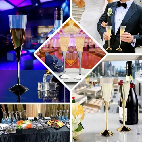 Vista 5 de Efavormart - Juego de 6 copas de champán de plástico plateado de 5 onzas con base desmontable, elegantes vasos desechables para recepciones