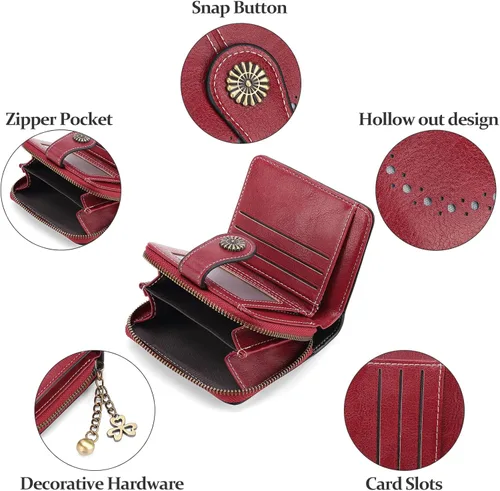 Vista 4 de Cartera pequeña para mujer, de piel, plegable, compacta, con bloqueo RFID, con bolsillo con cremallera para monedas, A01 Rojo Vino, Classic
