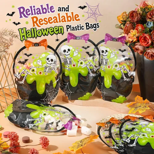 Vista 4 de Fuutreo 50 bolsas de regalo de Halloween con asas, plástico de esqueleto